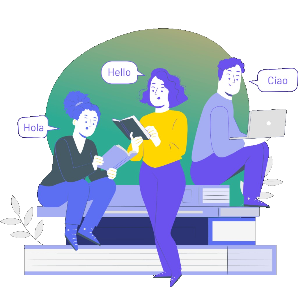 People learning languages together with books and laptops, greeting each other in Hola, Hello, and Ciao